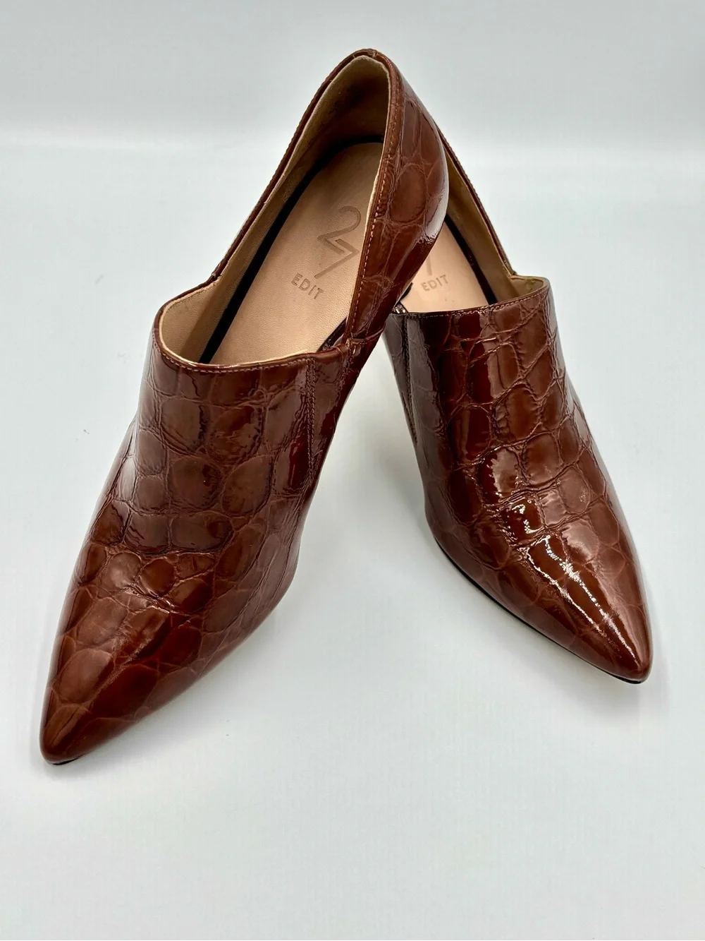 27 EDIT Fanfare Brown Croco Pointed Toe Kitten Heel Pumps Women’s 7 M